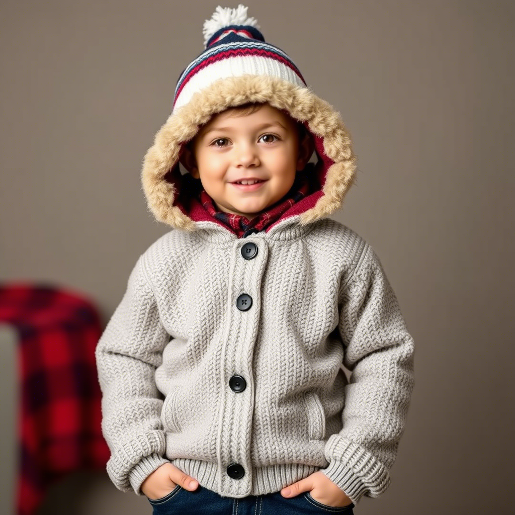 Toddler boy modeling adorable winter clothing from a wholesale catalog