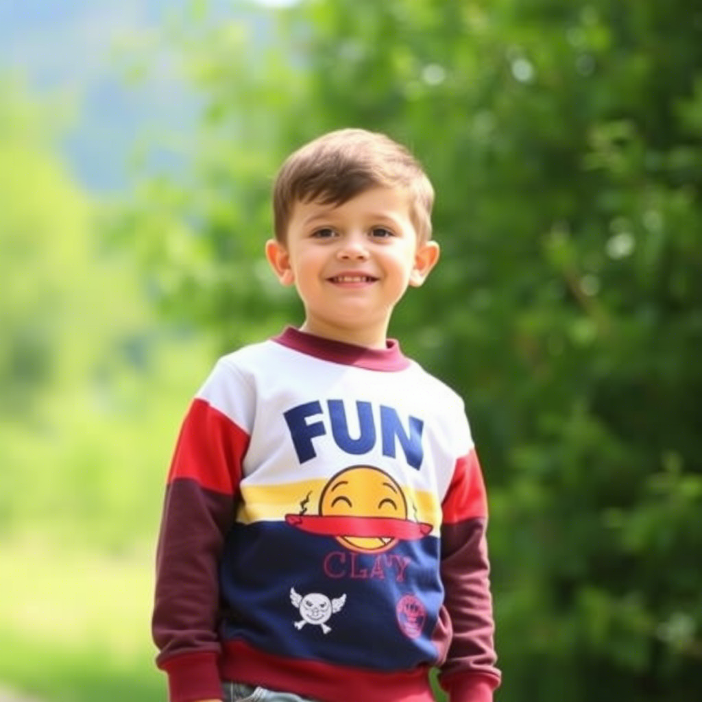 Toddler boy modeling sweatshirt with fun designs outdoors