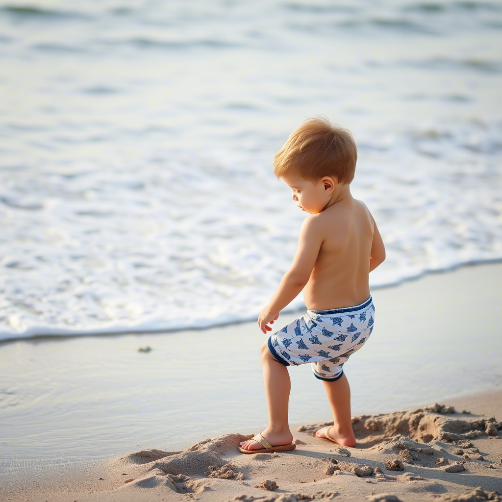 Toddler boy playing with sandals near the ocean