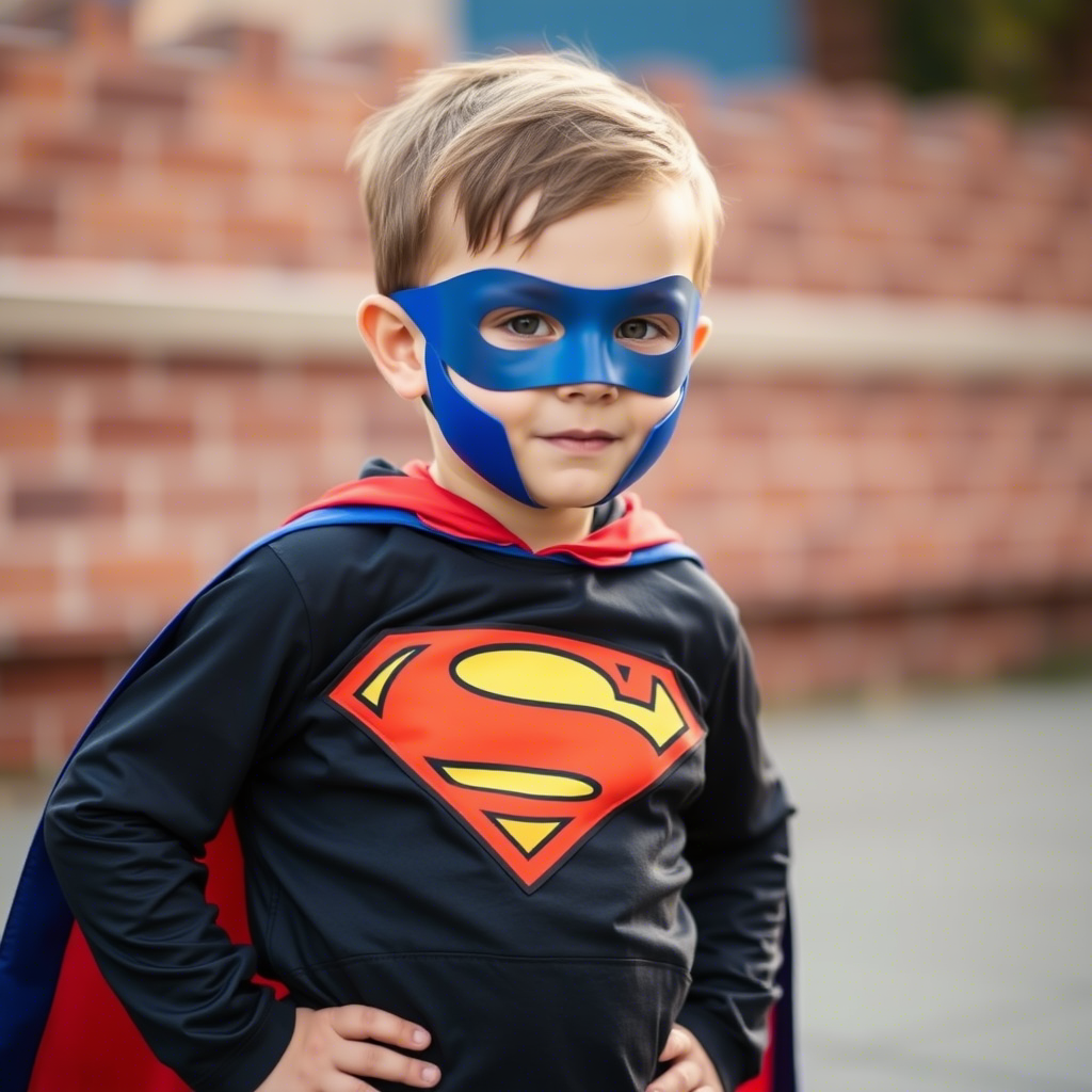 Toddler boy wearing a superhero cape and mask