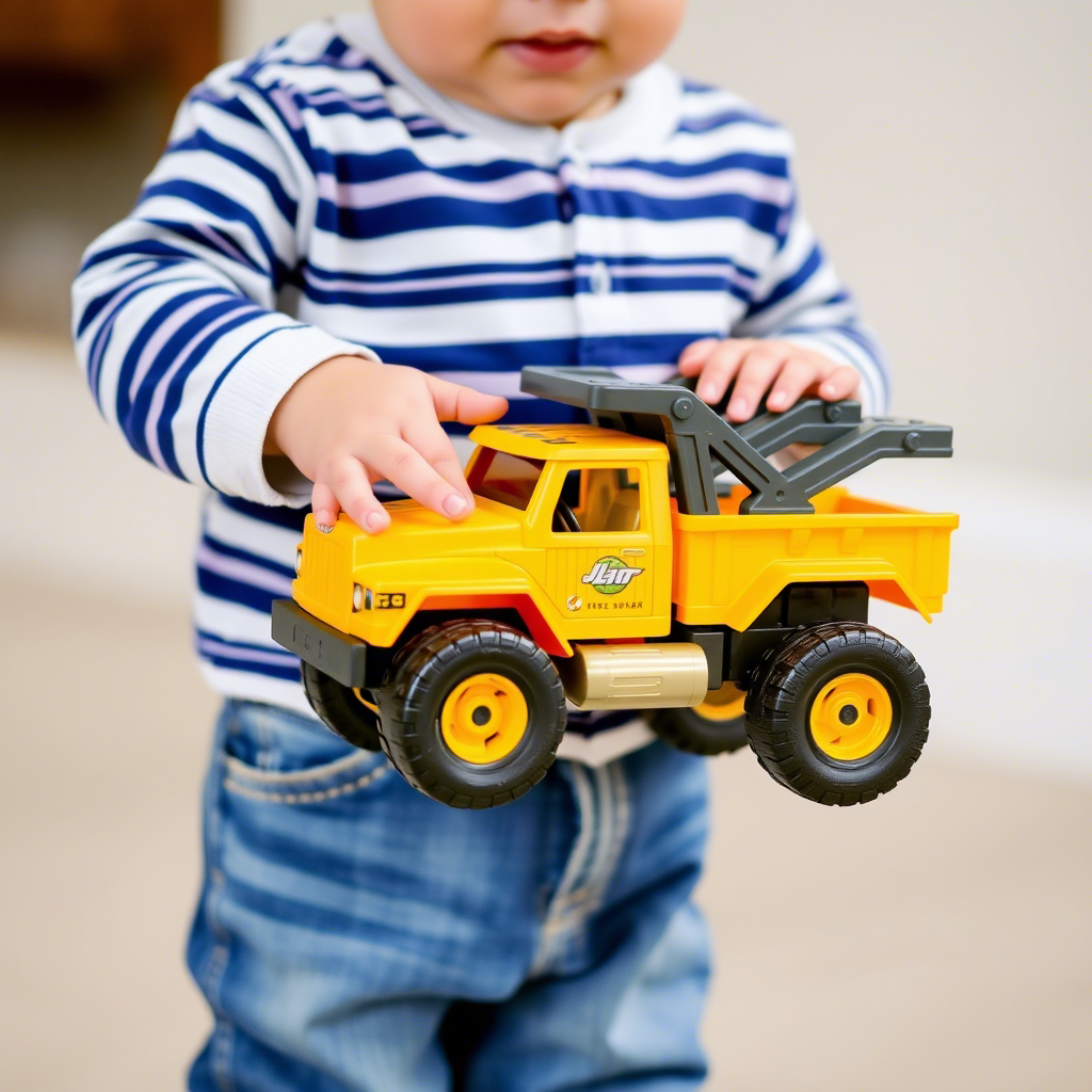 Toddler boy wearing striped shirt and jeans, holding a toy truck