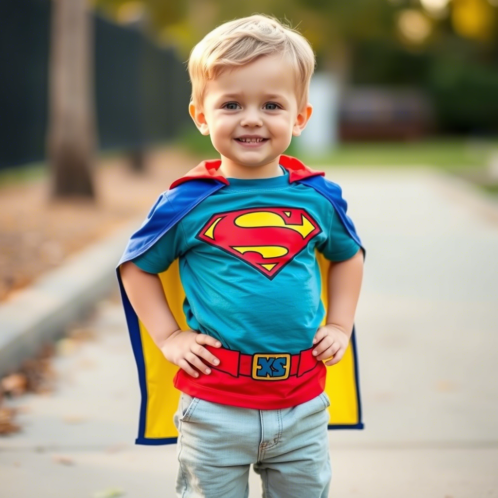 Toddler boy wearing superhero cape and colorful t-shirt