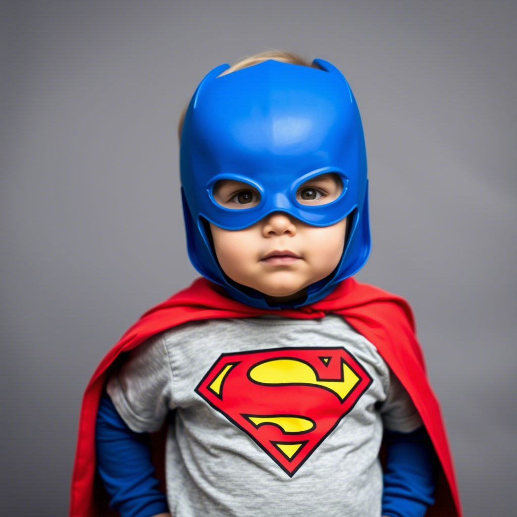 Toddler boy wearing superhero cape and graphic tee