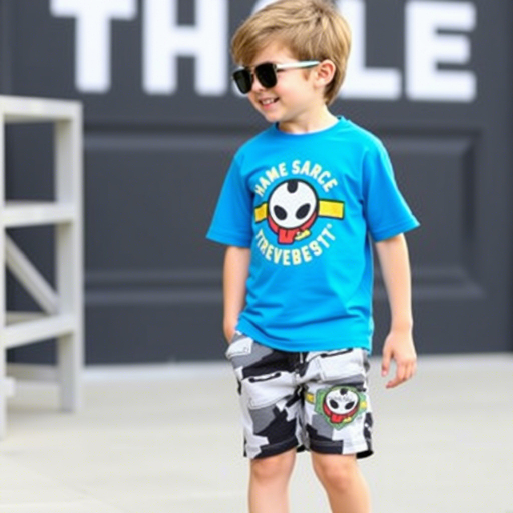 Toddler boy wearing trendy graphic t-shirt and shorts for summer sale