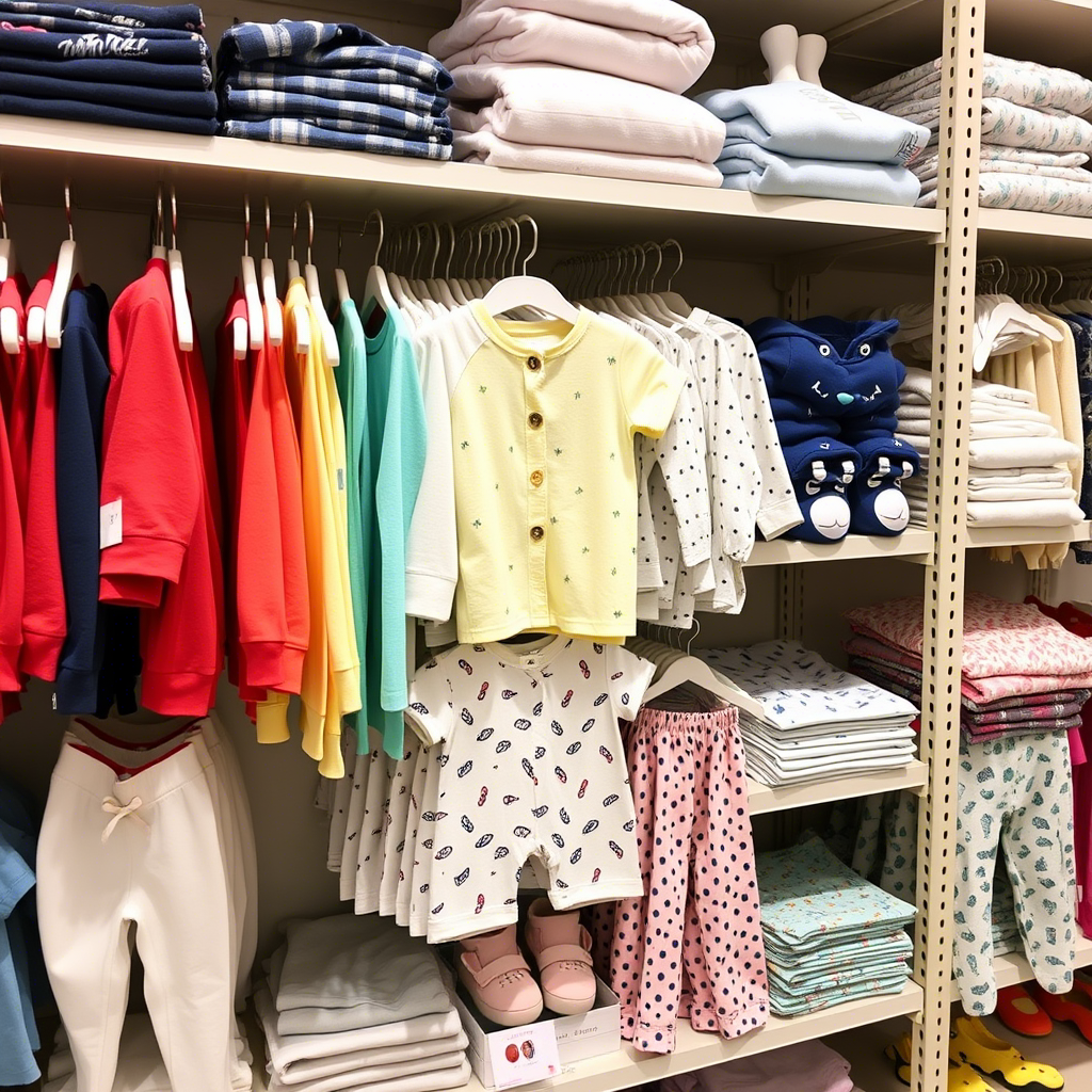Toddler clothing items neatly arranged on a wholesale shelf