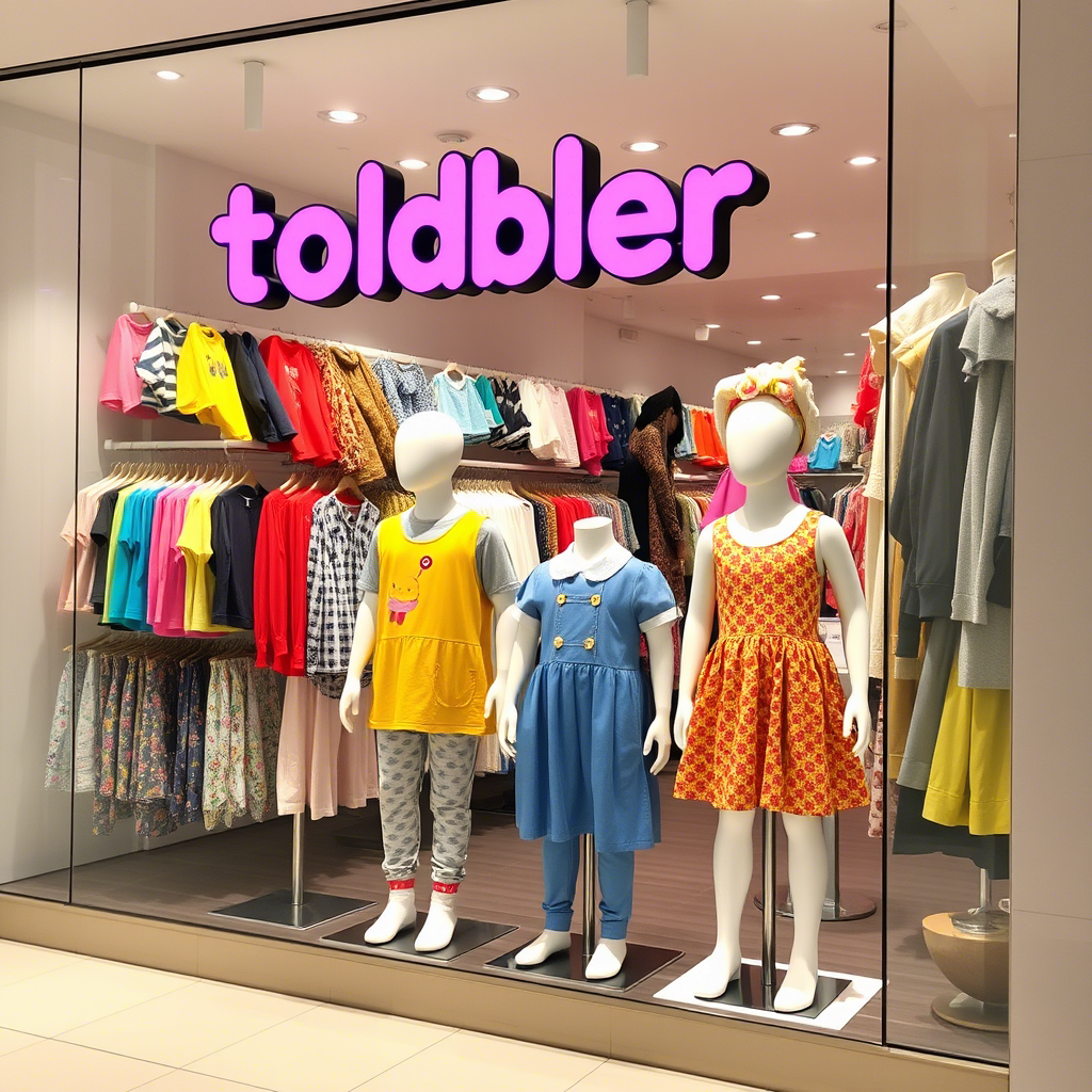 Toddler clothing storefront with vibrant wholesale outfits on mannequins