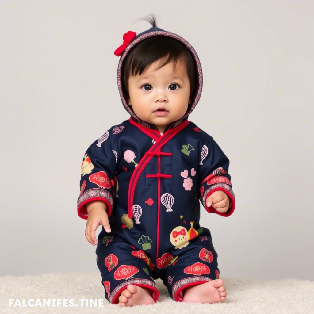 Toddler dressed in a hanbok-inspired onesie with cute designs