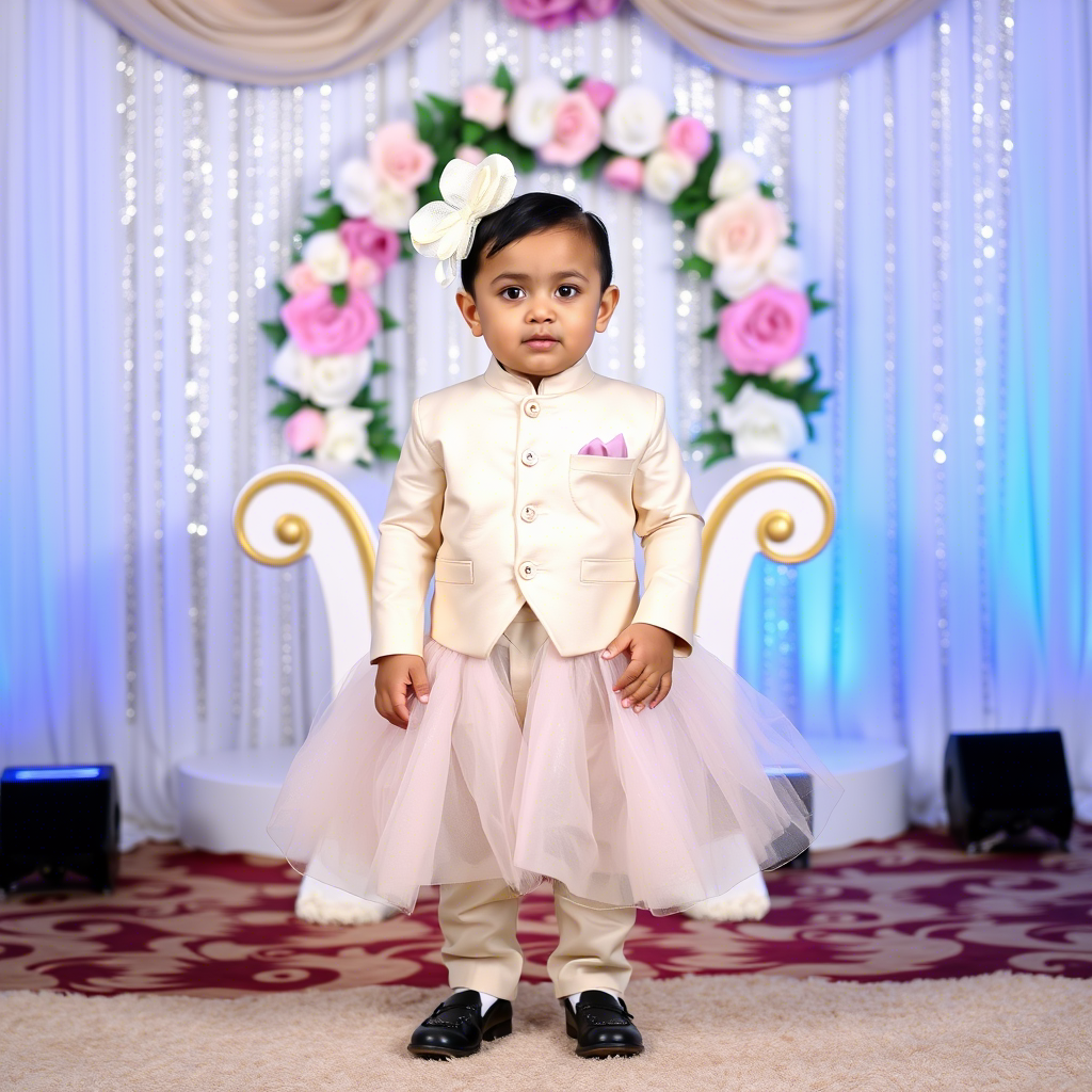 Toddler dressed in elegant special occasion wear, standing in front of a decorated backdrop.