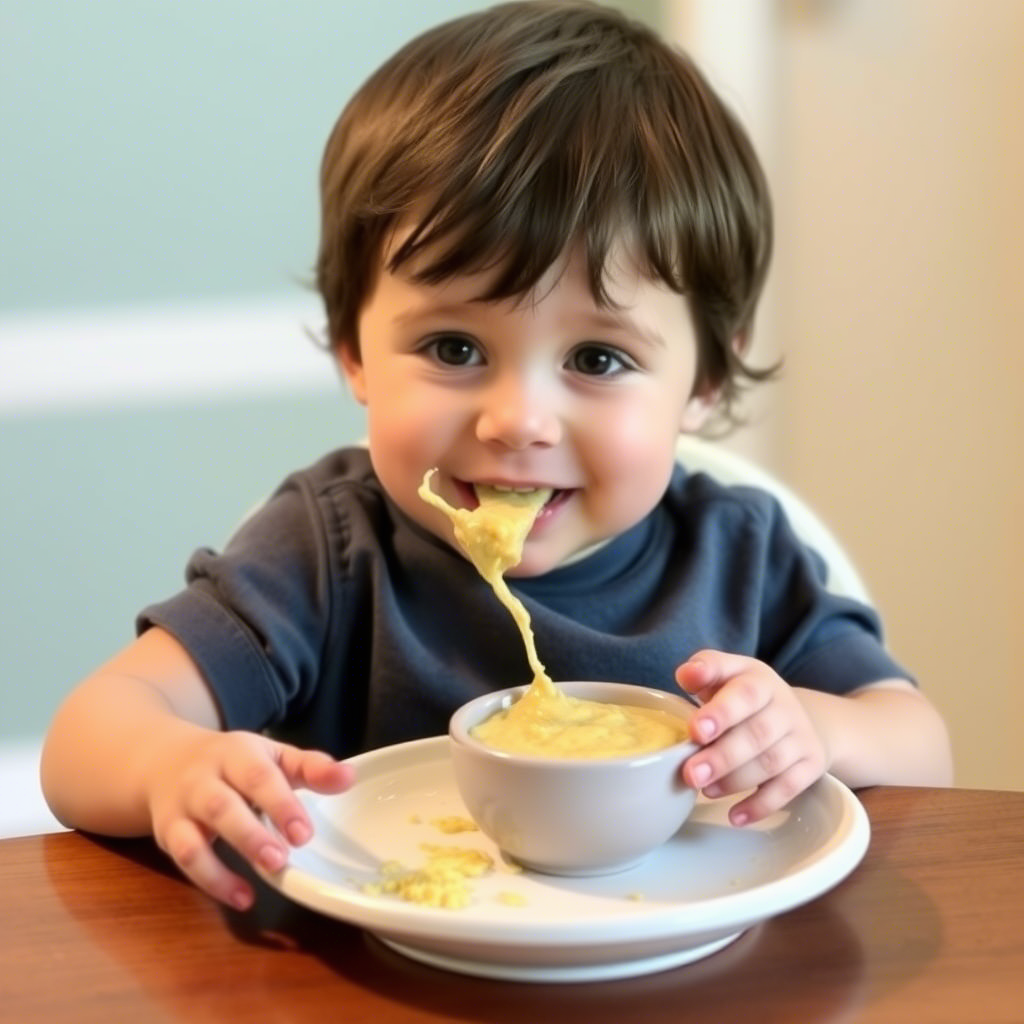 Toddler enjoying a meal of pureed baby food