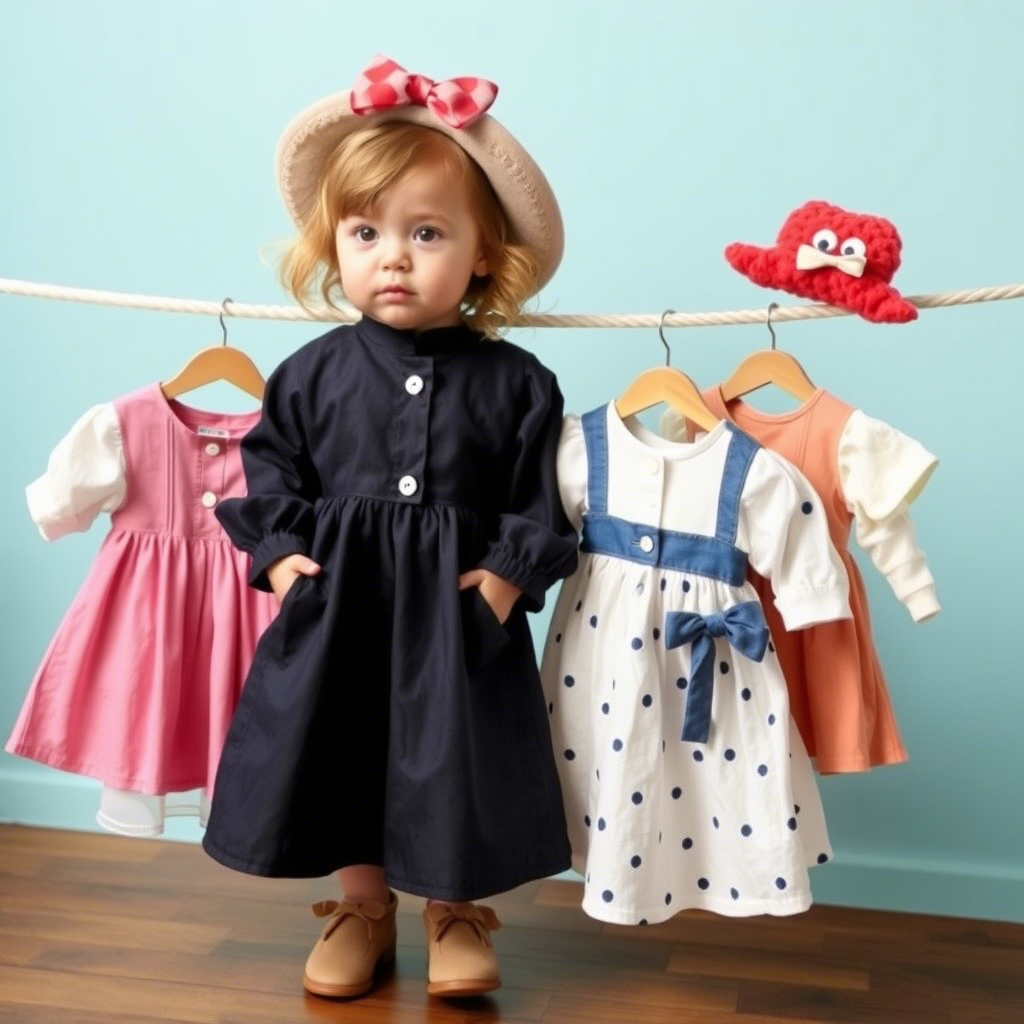 Toddler fashion collection on a miniature clothesline