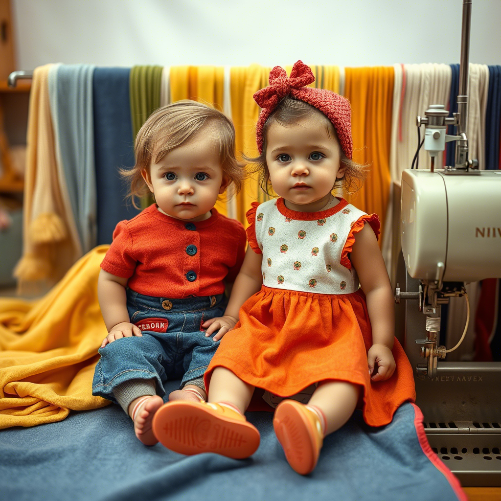 Toddler fashion models surrounded by textile machinery