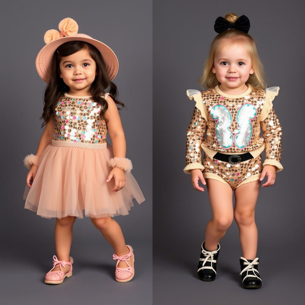 Toddler fashion models wearing sequined outfits