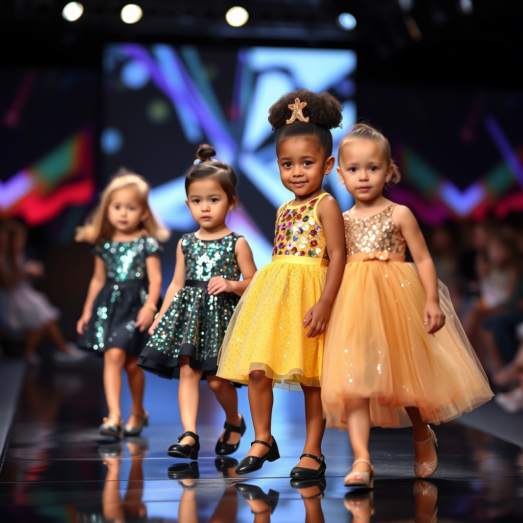 Toddler fashion models wearing sequined skirts and dresses on a catwalk