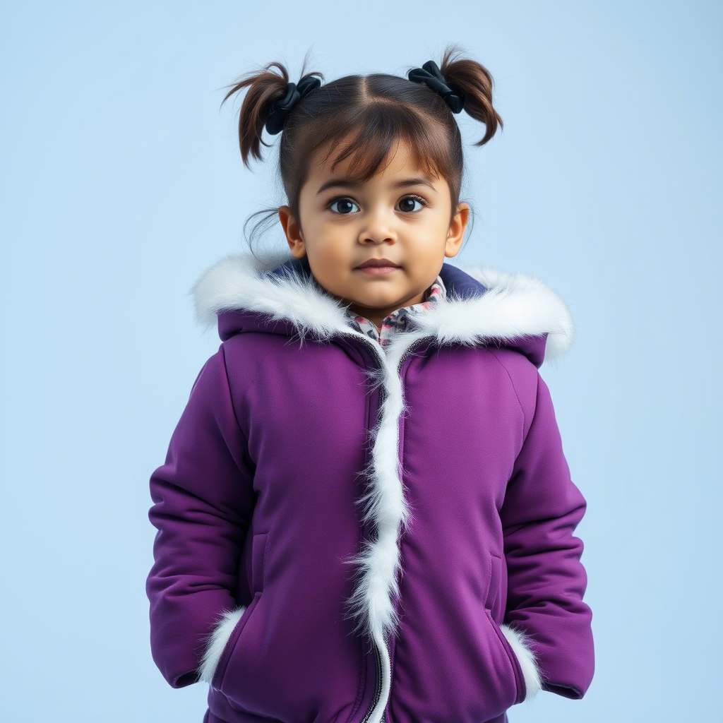 Toddler girl dressed in a purple jacket with white fur trim