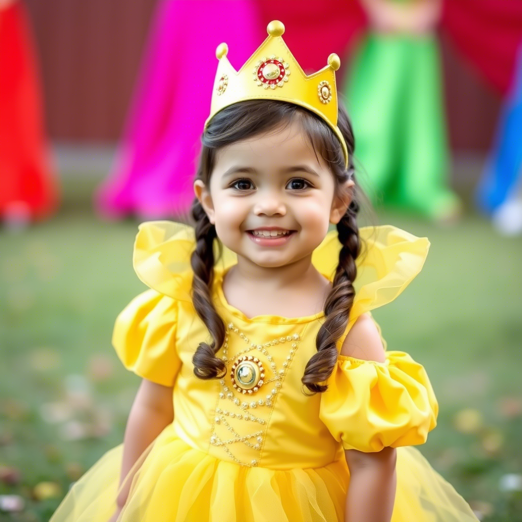 Toddler girl dressed in a yellow princess costume smiling