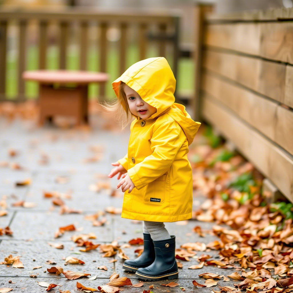 Toddler girl dressed in a yellow raincoat and boots playing outside