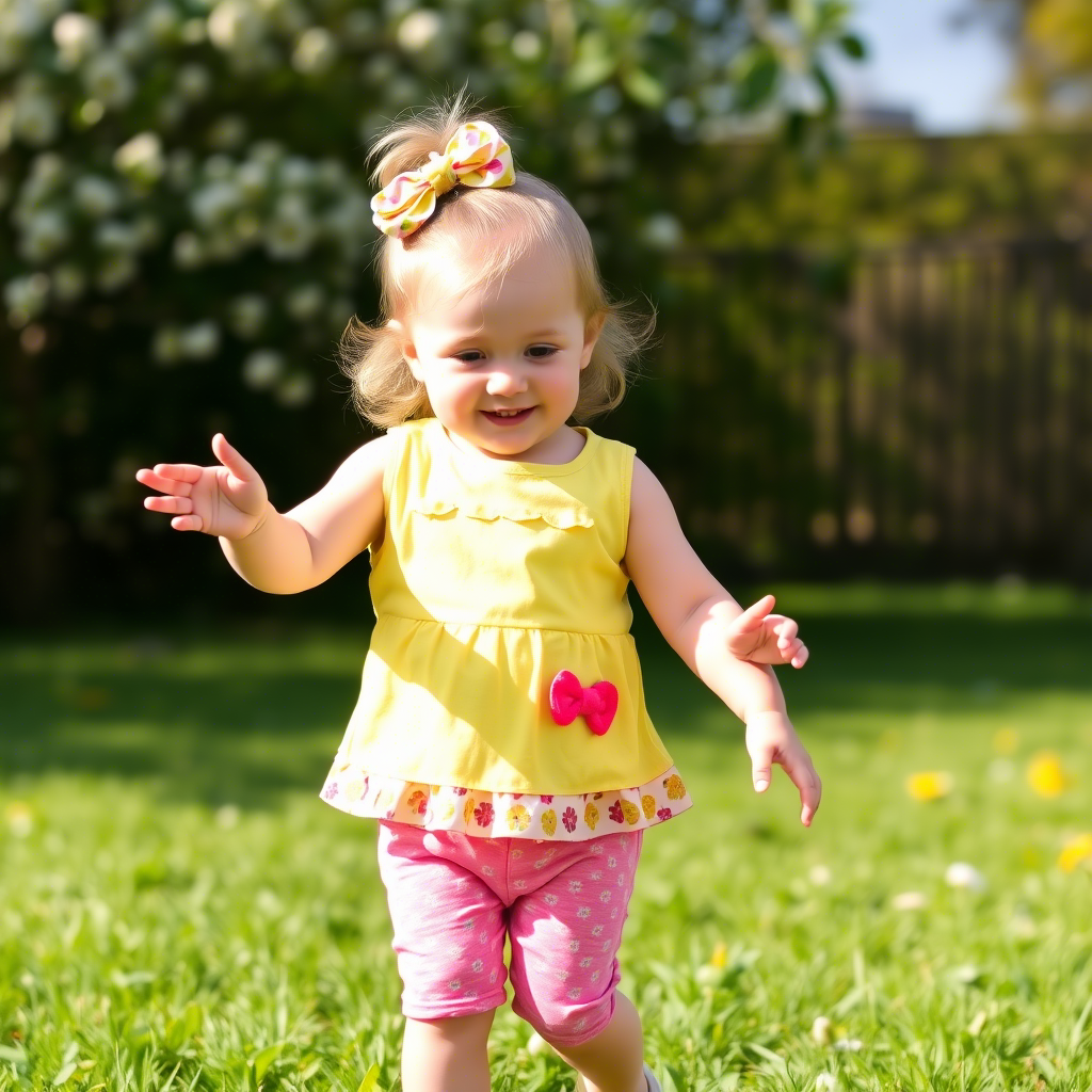Toddler girl dressed in bright spring outfit, playing outside