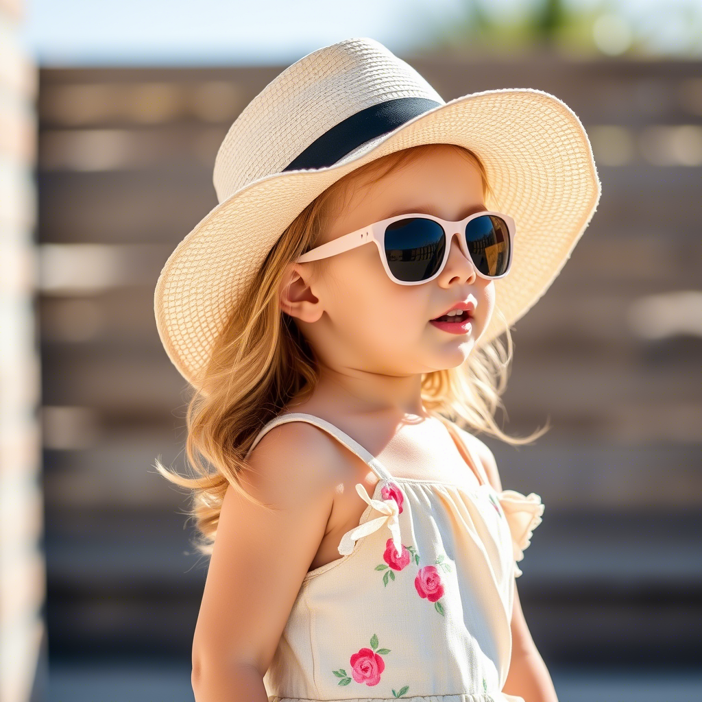 Toddler girl dressed in summer outfit with sunglasses and hat