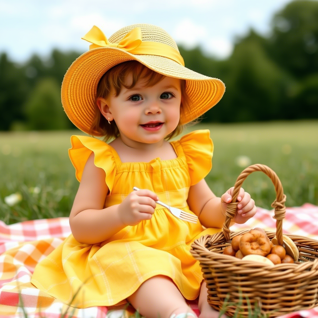 Toddler girl dressed in yellow sundress and hat having picnic