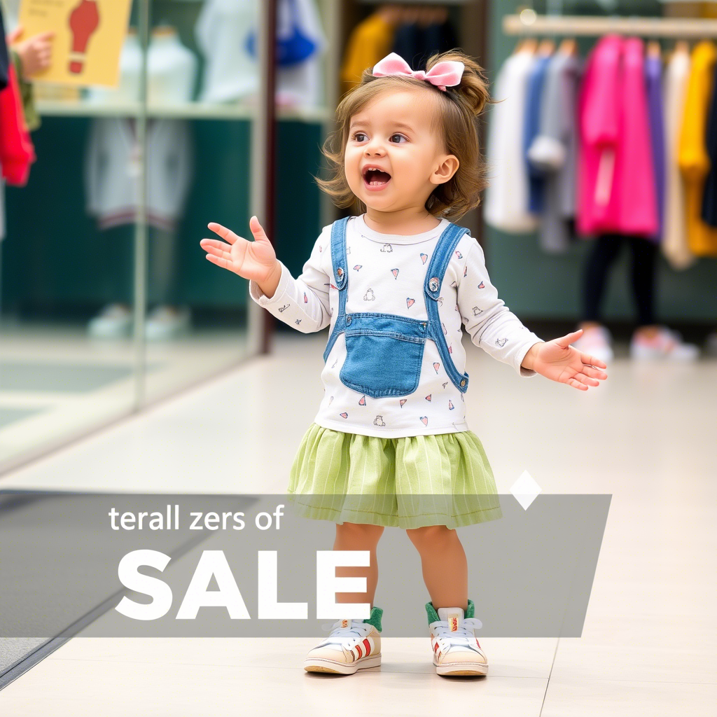 Toddler girl excitedly wearing new clothes from online shopping sale