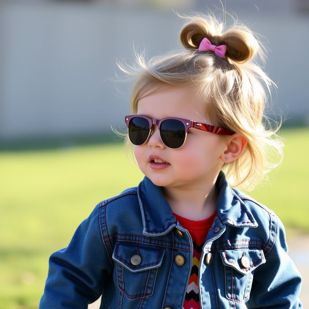 Toddler girl in a denim jacket and sunglasses, walking outdoors