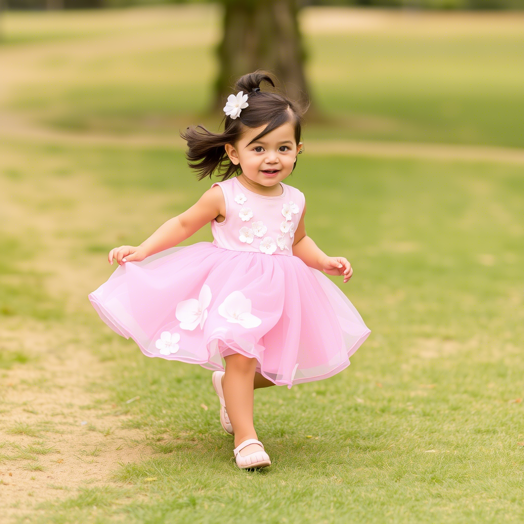 Toddler girl in a pink dress with white flowers running
