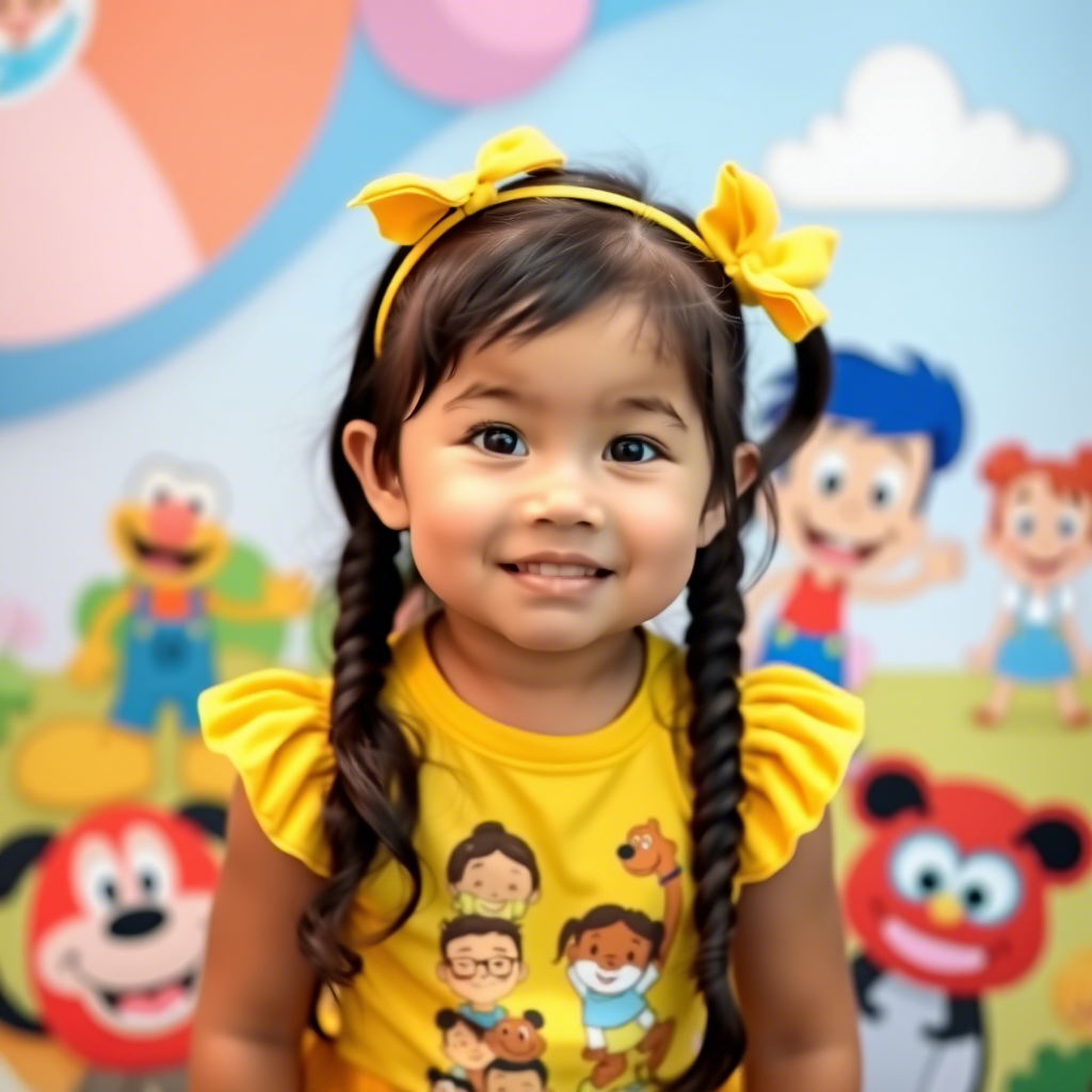 Toddler girl in a yellow top with cartoon characters