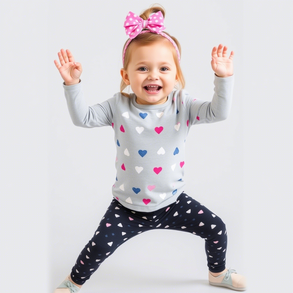 Toddler girl in adorable leggings and pants outfit having fun