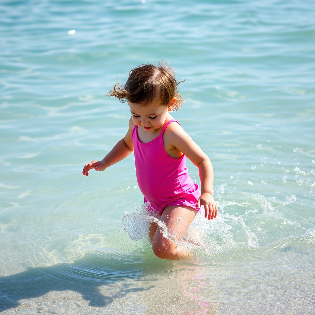 Toddler girl in bright pink swimsuit splashing in shallow water
