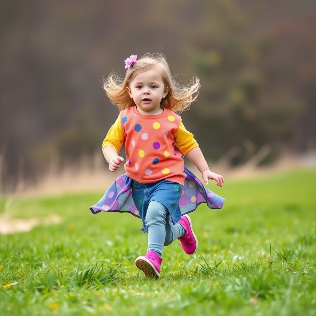 Toddler girl in colorful clothing running on a green meadow