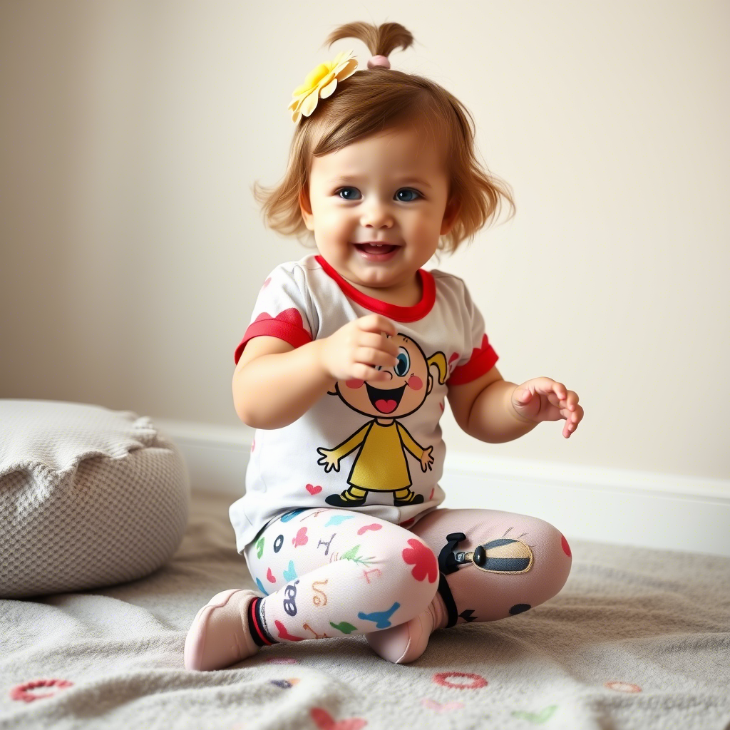 Toddler girl in colorful leggings and cartoon tee playing