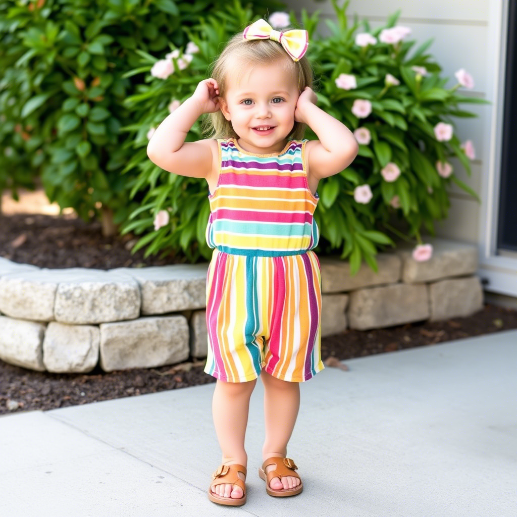 Toddler girl in colorful striped romper and sandals