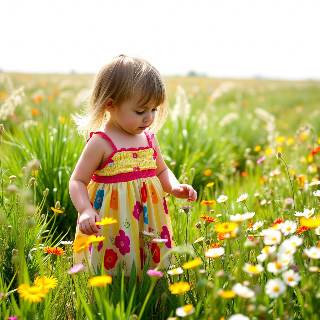 Toddler girl in colorful sundress playing with flowers in a field
