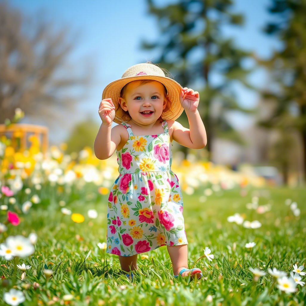 Toddler girl in floral sundress playing outside in spring