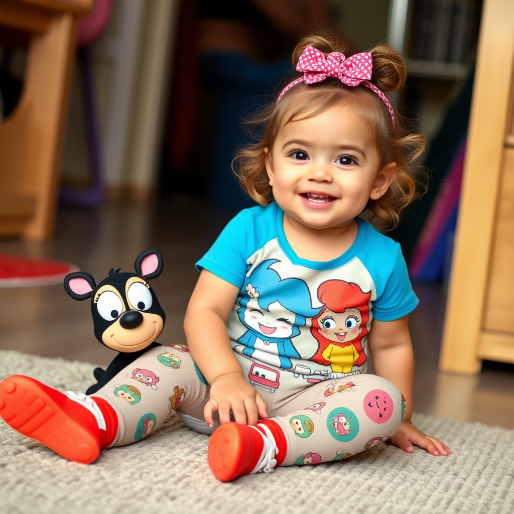 Toddler girl in leggings with cartoon characters, sitting and smiling