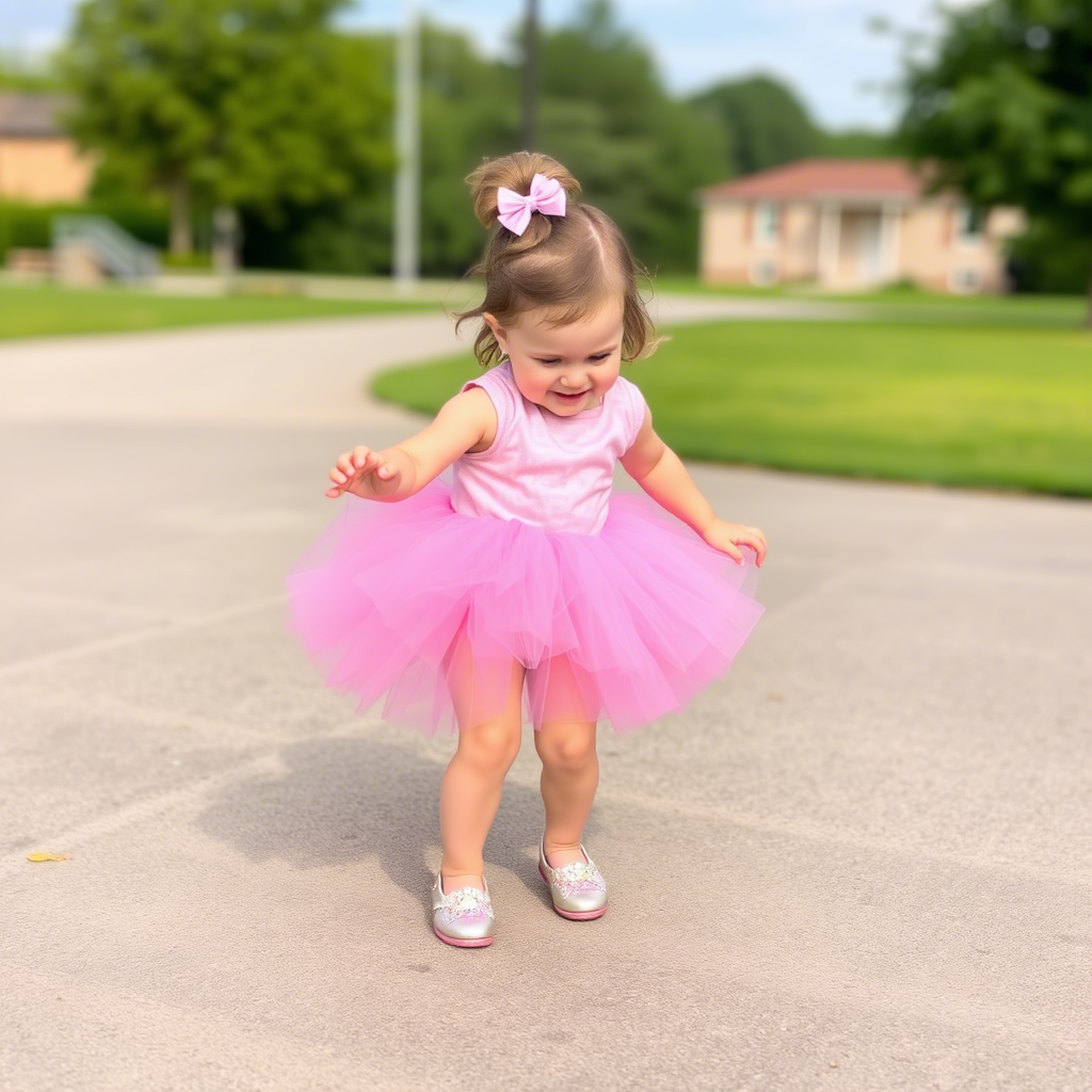 Toddler girl in pink tutu and sparkly shoes, playing outside