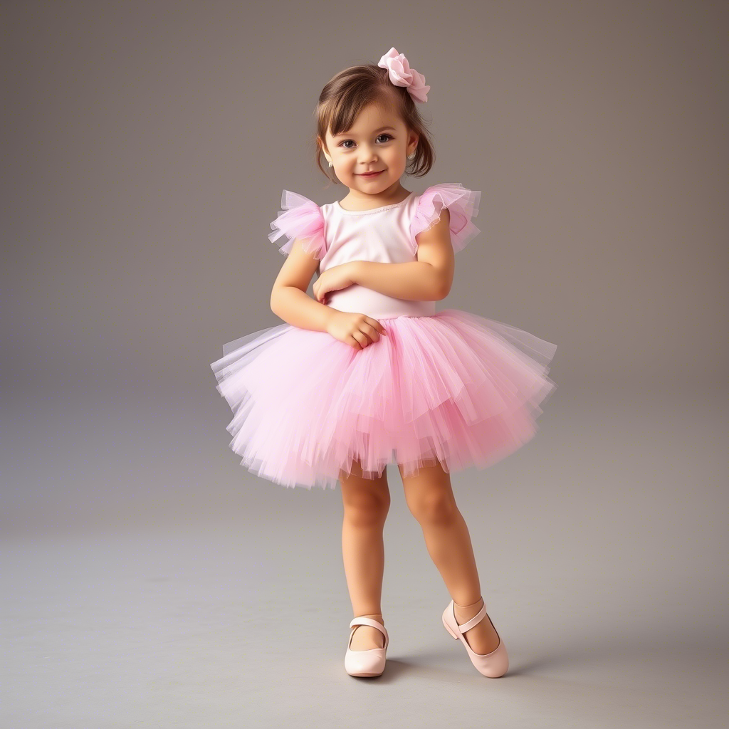 Toddler girl in pink tutu dress and ballet shoes posing sweetly