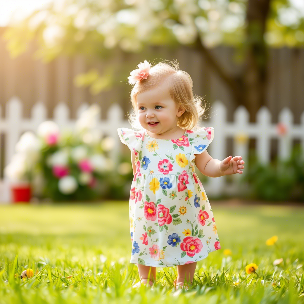 Toddler girl in spring floral dress playing outside