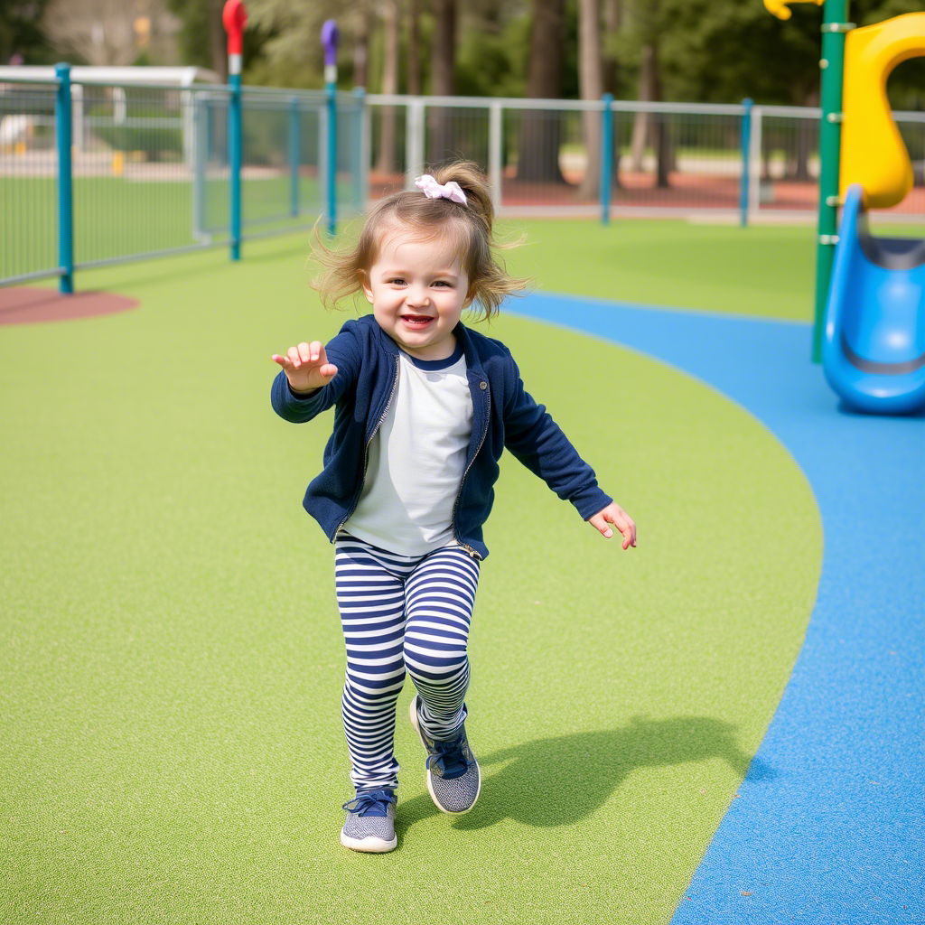 Toddler girl in striped leggings having fun in a playground