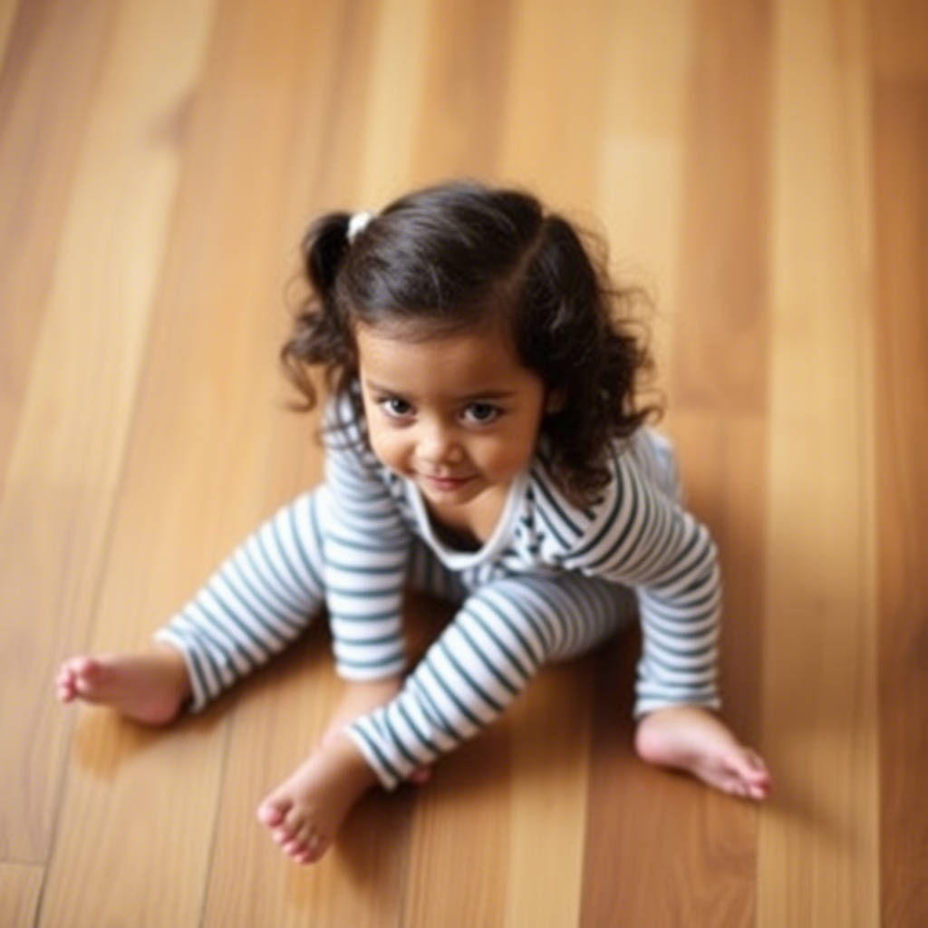 Toddler girl in striped leggings sitting on a wooden floor