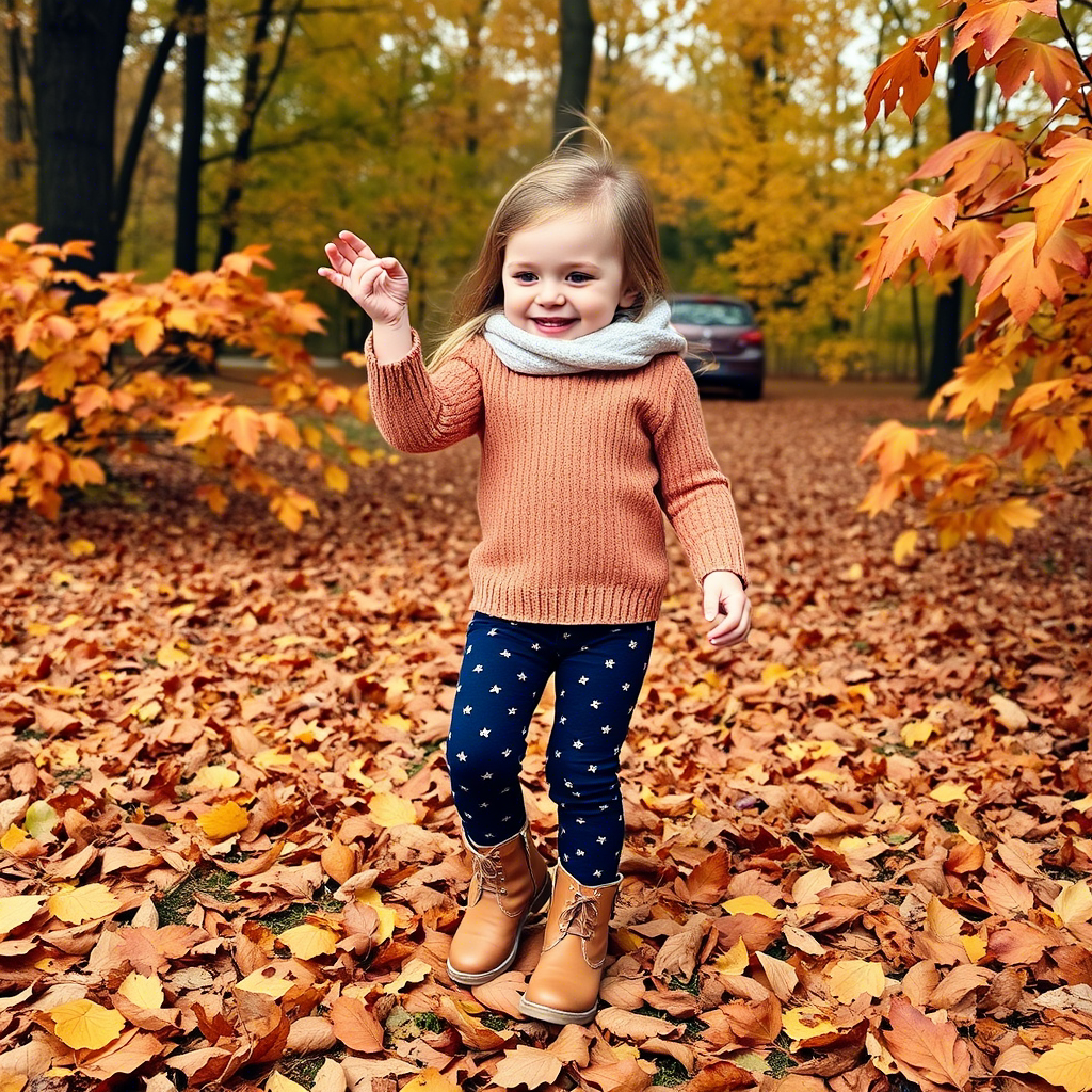 Toddler girl in stylish pants and boots enjoying autumn leaves
