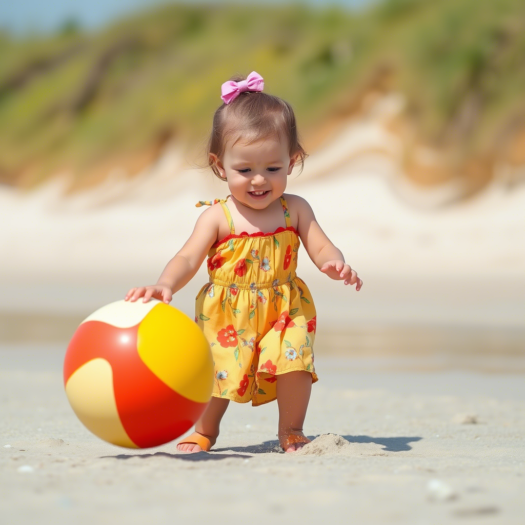 Toddler girl in sundress playing with beach ball