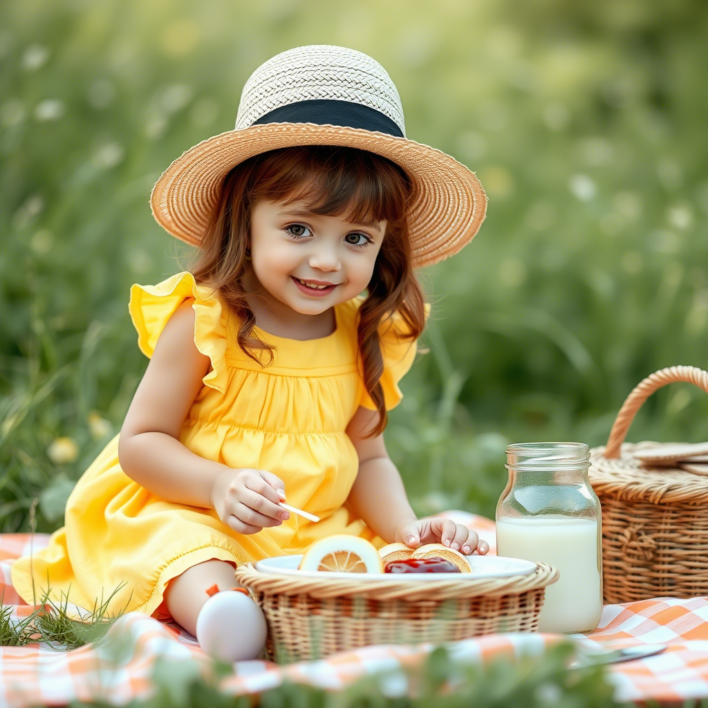 Toddler girl in yellow sundress and straw hat having picnic
