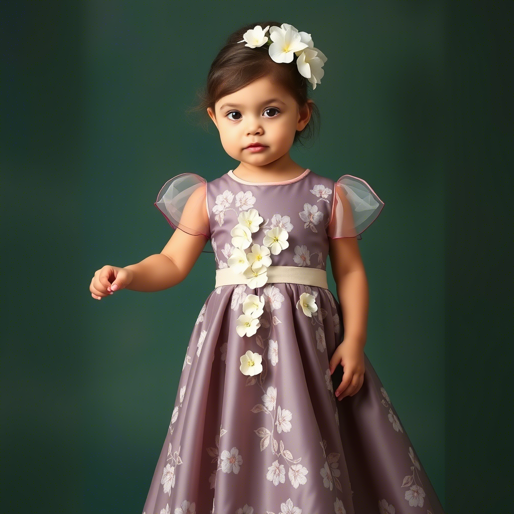Toddler girl modeling elegant dress with white flowers