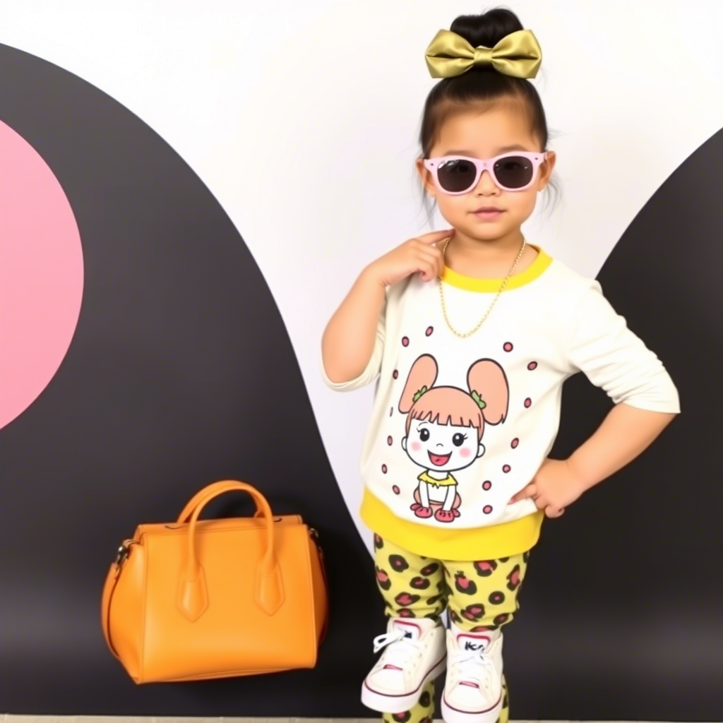Toddler girl modeling stylish outfit with cartoon character print