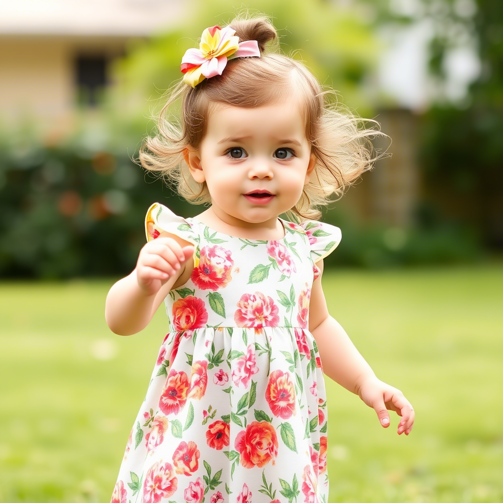 Toddler girl wearing a floral dress and playing outside