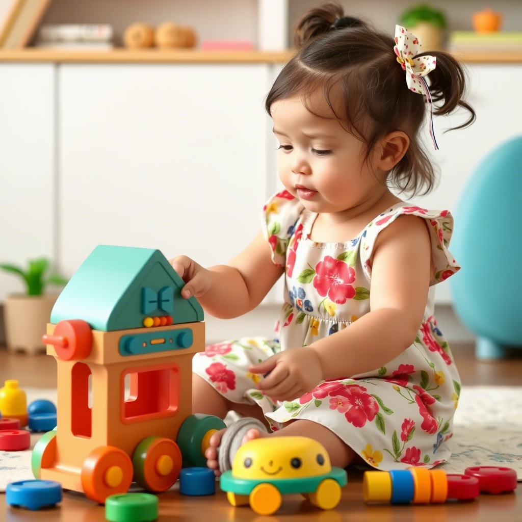 Toddler girl wearing a floral outfit playing with toys