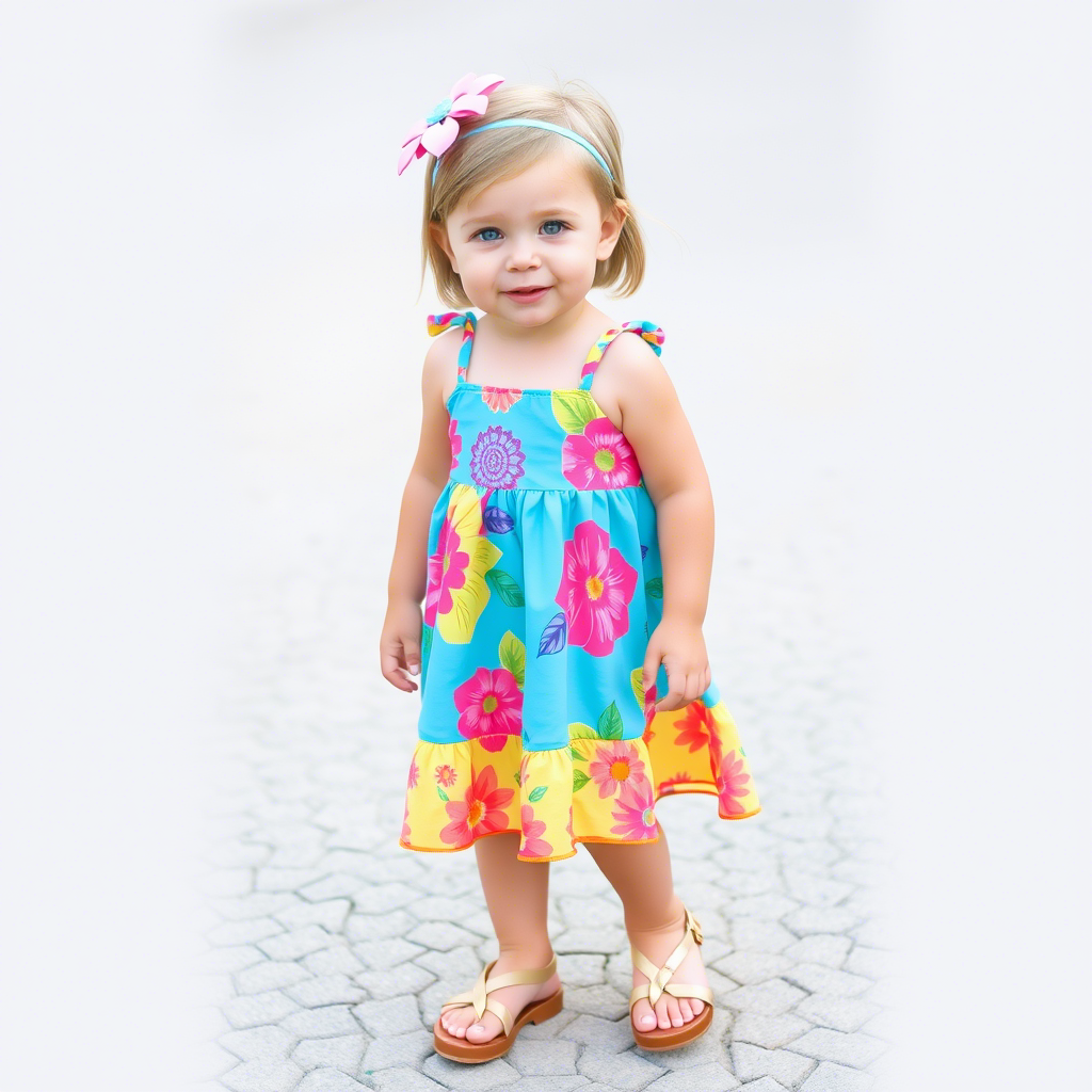 Toddler girl wearing colorful sundress and sandals
