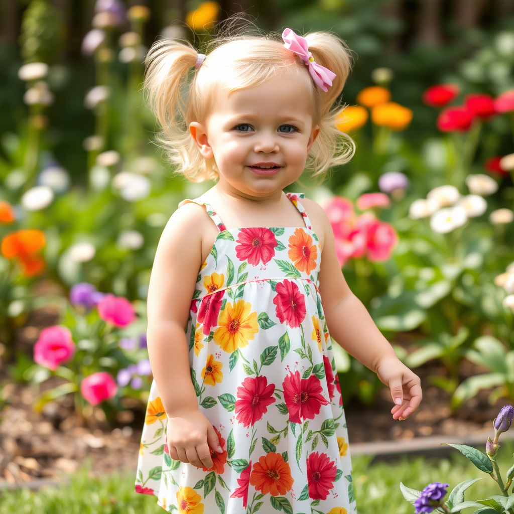 Toddler girl wearing floral sundress in a garden