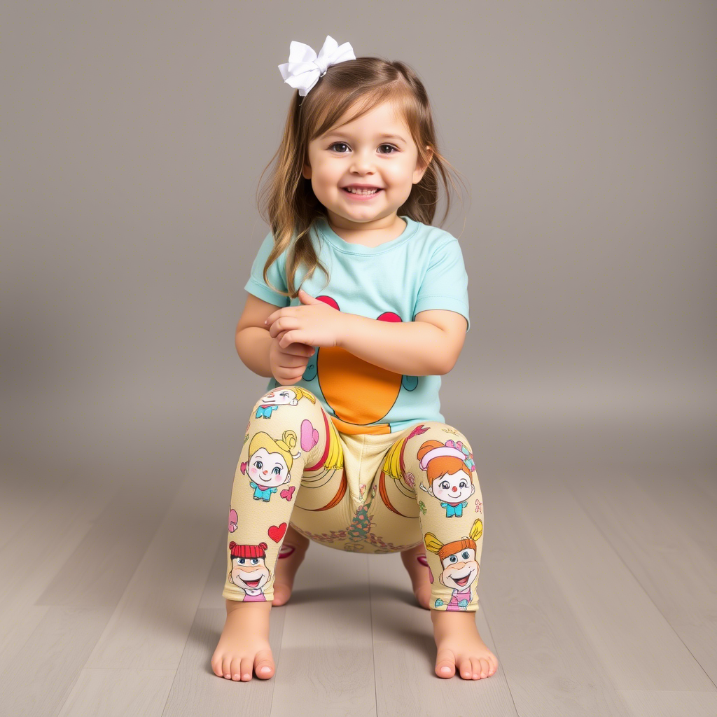 Toddler girl wearing leggings with cartoon characters and smiling